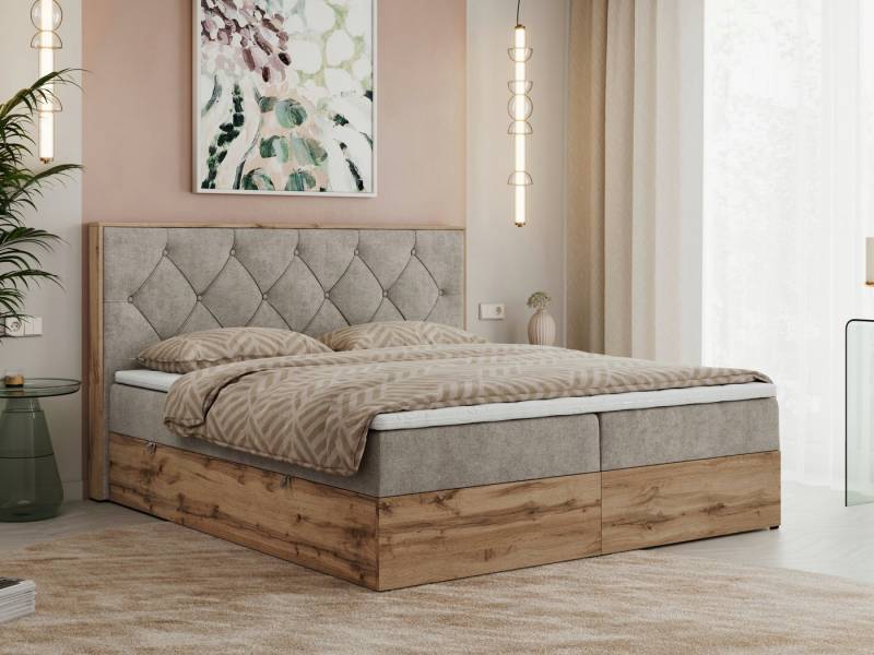 MKS MÖBEL Boxspringbett VENETO (Polsterbett, zwei Bettkästen, Topper T-25, T30-Schaum), Multipocket Matratzen, Rahmen des Bettes in Eichen-Optik von MKS MÖBEL
