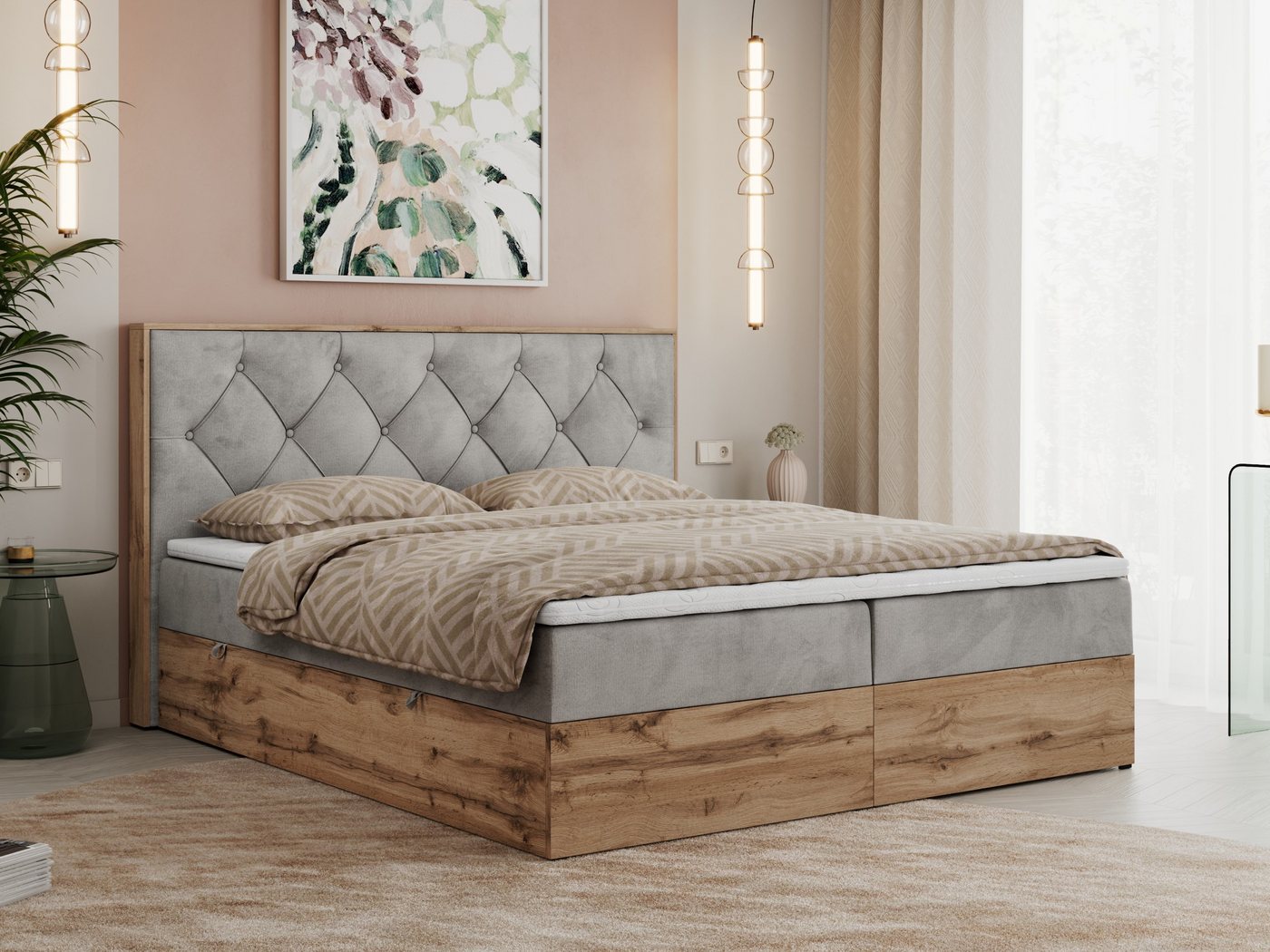 MKS MÖBEL Boxspringbett VENETO (Polsterbett, zwei Bettkästen, Topper T-25, T30-Schaum), Multipocket Matratzen, Rahmen des Bettes in Eichen-Optik von MKS MÖBEL