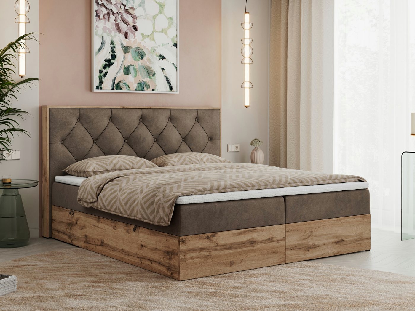 MKS MÖBEL Boxspringbett VENETO (Polsterbett, zwei Bettkästen, Topper T-25, T30-Schaum), Multipocket Matratzen, Rahmen des Bettes in Eichen-Optik von MKS MÖBEL