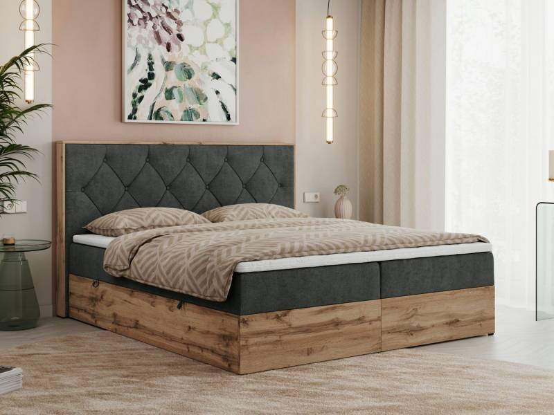 MKS MÖBEL Boxspringbett VENETO (Polsterbett, zwei Bettkästen, Topper T-25, T30-Schaum), Multipocket Matratzen, Rahmen des Bettes in Eichen-Optik von MKS MÖBEL