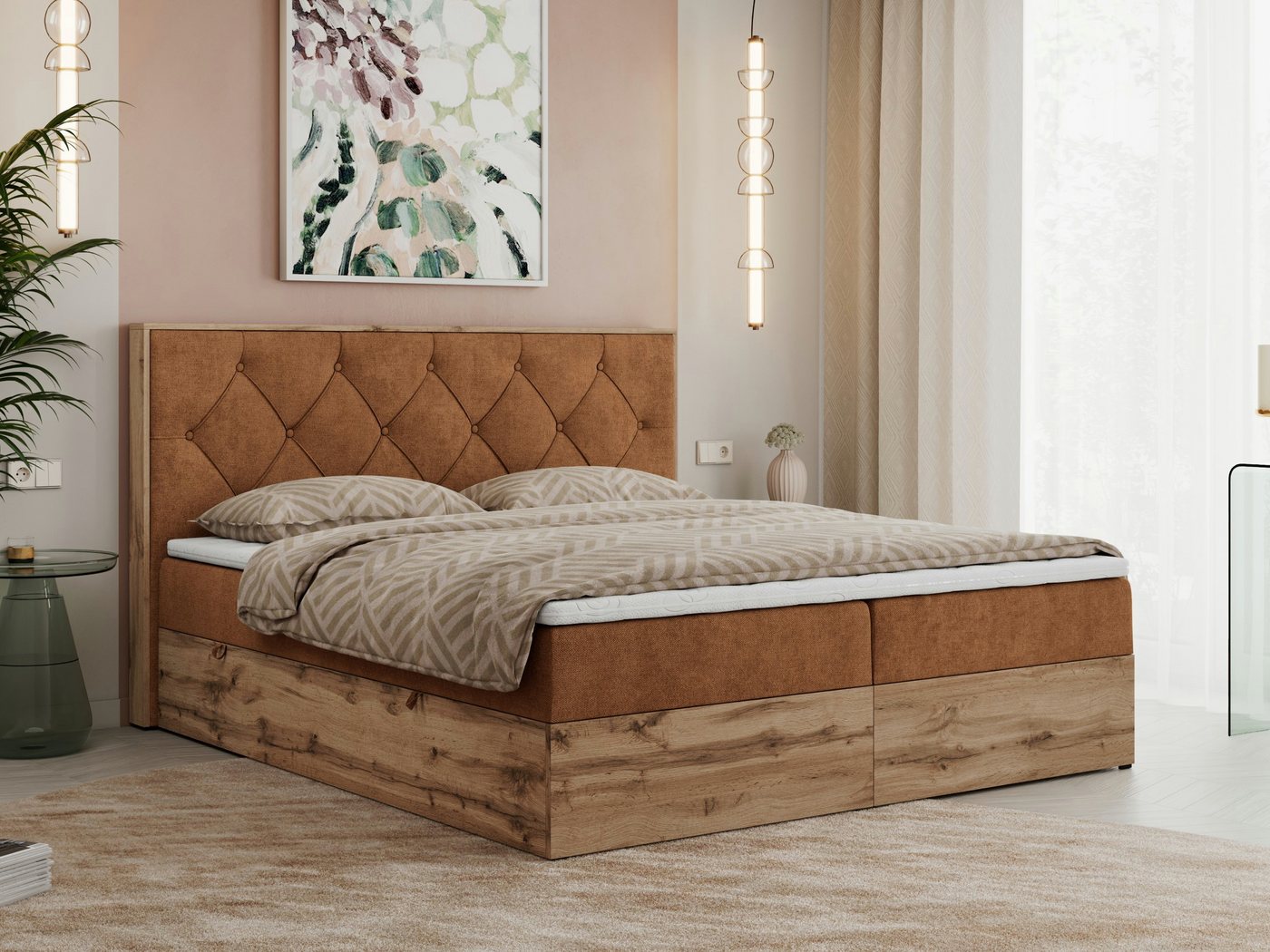 MKS MÖBEL Boxspringbett VENETO (Polsterbett, zwei Bettkästen, Topper T-25, T30-Schaum), Multipocket Matratzen, Rahmen des Bettes in Eichen-Optik von MKS MÖBEL