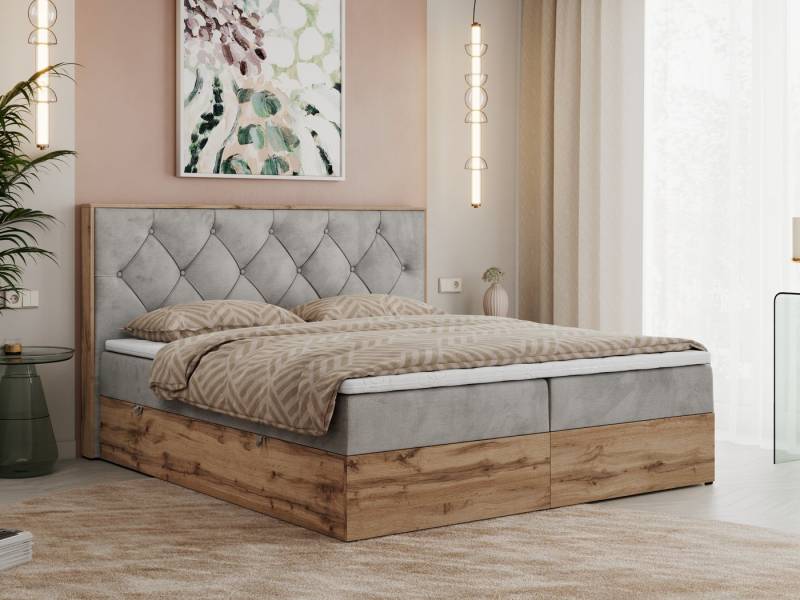 MKS MÖBEL Boxspringbett VENETO (Polsterbett, zwei Bettkästen, Topper T-25, T30-Schaum), Multipocket Matratzen, Rahmen des Bettes in Eichen-Optik von MKS MÖBEL