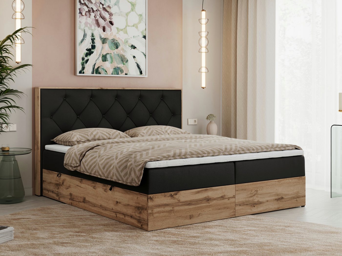 MKS MÖBEL Boxspringbett VENETO (Polsterbett, zwei Bettkästen, Topper T-25, T30-Schaum), Multipocket Matratzen, Rahmen des Bettes in Eichen-Optik von MKS MÖBEL