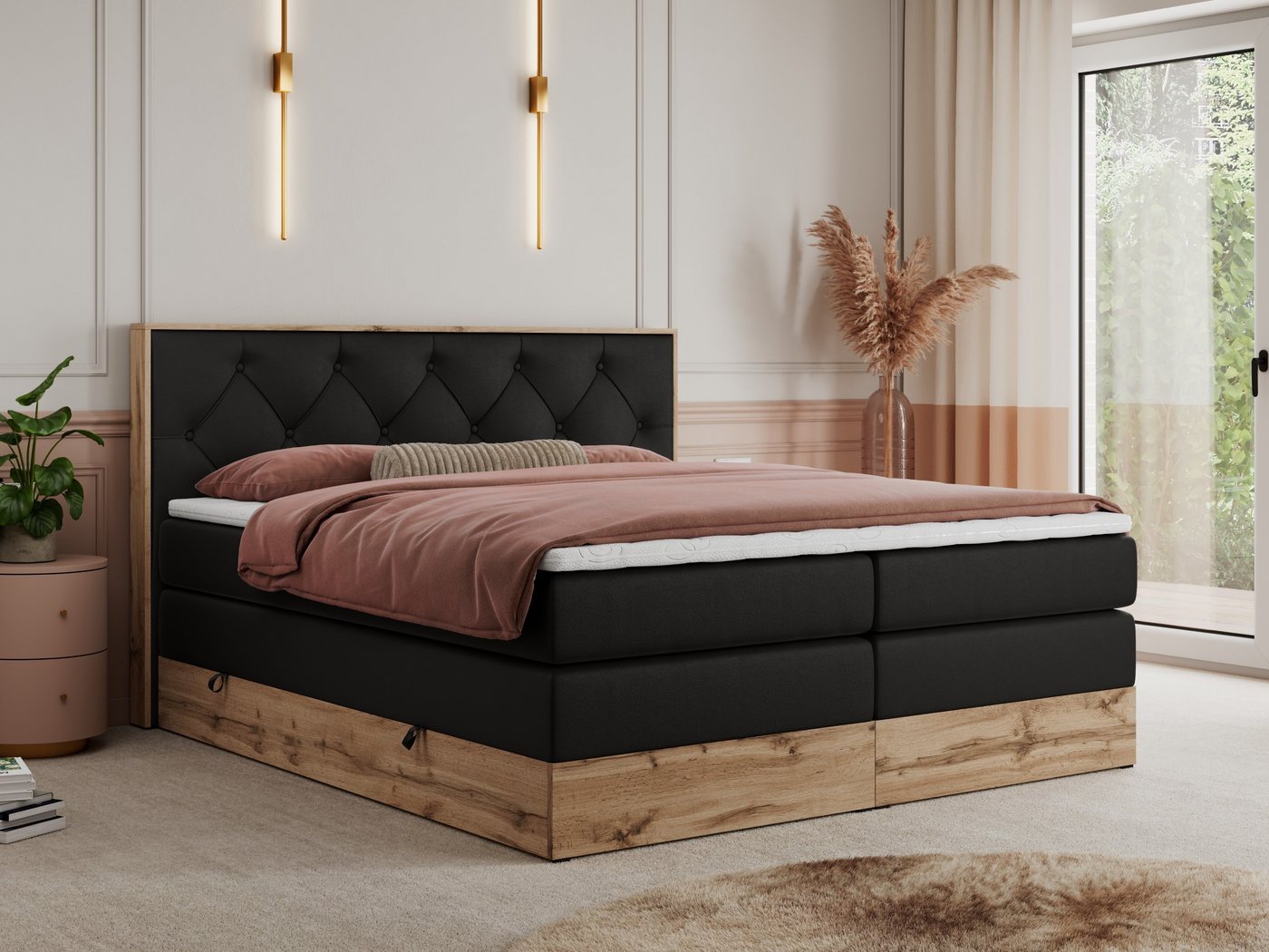 MKS MÖBEL Boxspringbett VENETO KING (Doppelbett, Multipocket-Matratzen, Topper T-25, T30-Schaum), zwei Bettkästen und Rahmen in Eichen-Optik, Schlafzimmer, Polsterbett von MKS MÖBEL