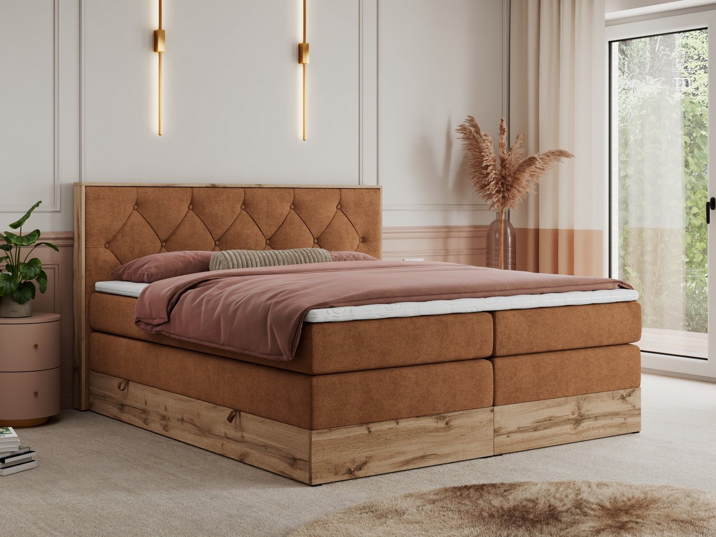 MKS MÖBEL Boxspringbett VENETO KING (Doppelbett, Multipocket-Matratzen, Topper T-25, T30-Schaum), zwei Bettkästen und Rahmen in Eichen-Optik, Schlafzimmer, Polsterbett von MKS MÖBEL