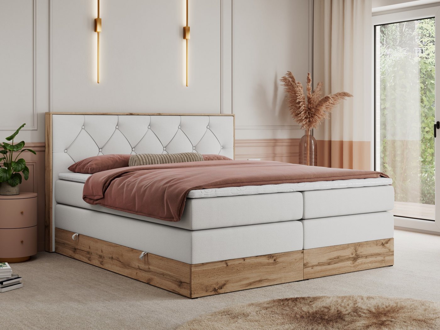 MKS MÖBEL Boxspringbett VENETO KING (Doppelbett, Multipocket-Matratzen, Topper T-25, T30-Schaum), zwei Bettkästen und Rahmen in Eichen-Optik, Schlafzimmer, Polsterbett von MKS MÖBEL