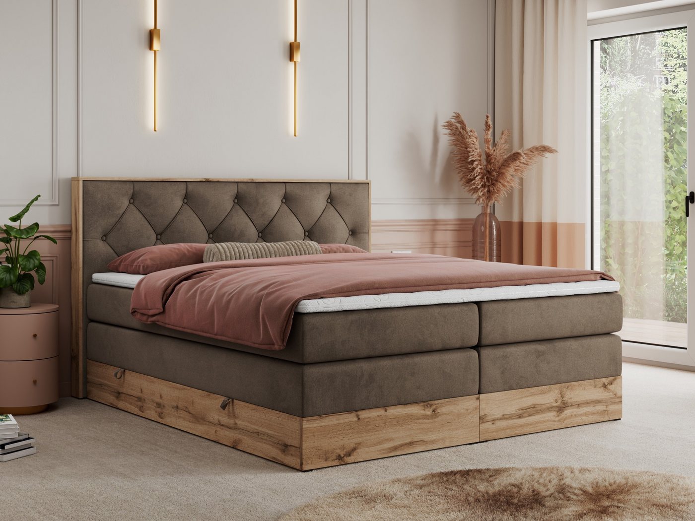 MKS MÖBEL Boxspringbett VENETO KING (Doppelbett, Multipocket-Matratzen, Topper T-25, T30-Schaum), zwei Bettkästen und Rahmen in Eichen-Optik, Schlafzimmer, Polsterbett von MKS MÖBEL