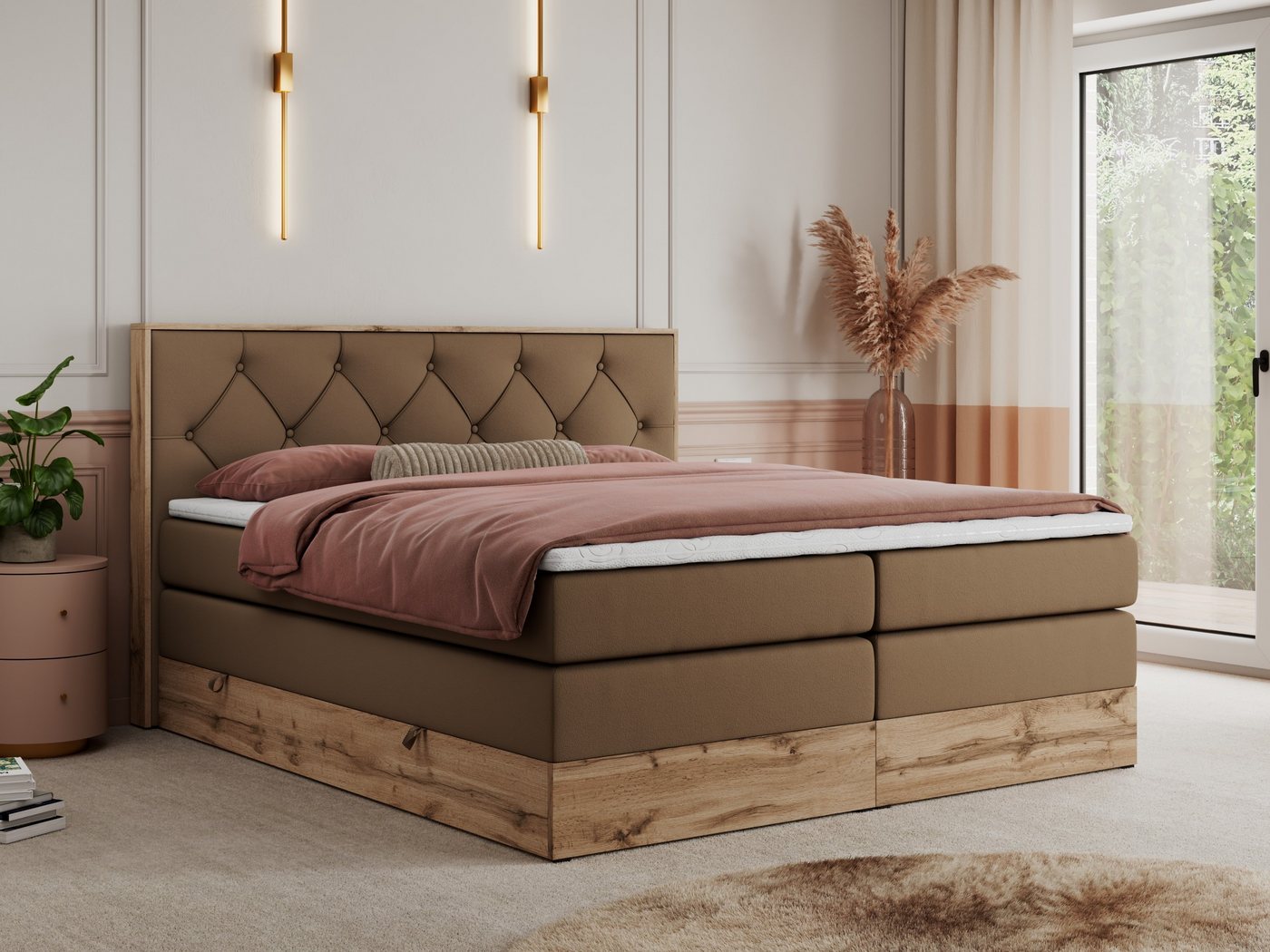 MKS MÖBEL Boxspringbett VENETO KING (Doppelbett, Multipocket-Matratzen, Topper T-25, T30-Schaum), zwei Bettkästen und Rahmen in Eichen-Optik, Schlafzimmer, Polsterbett von MKS MÖBEL