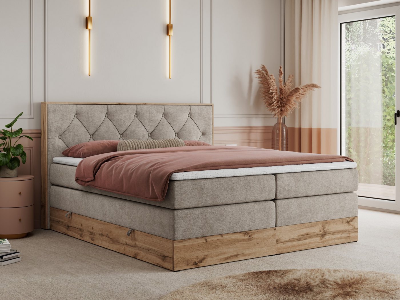 MKS MÖBEL Boxspringbett VENETO KING (Doppelbett, Multipocket-Matratzen, Topper T-25, T30-Schaum), zwei Bettkästen und Rahmen in Eichen-Optik, Schlafzimmer, Polsterbett von MKS MÖBEL