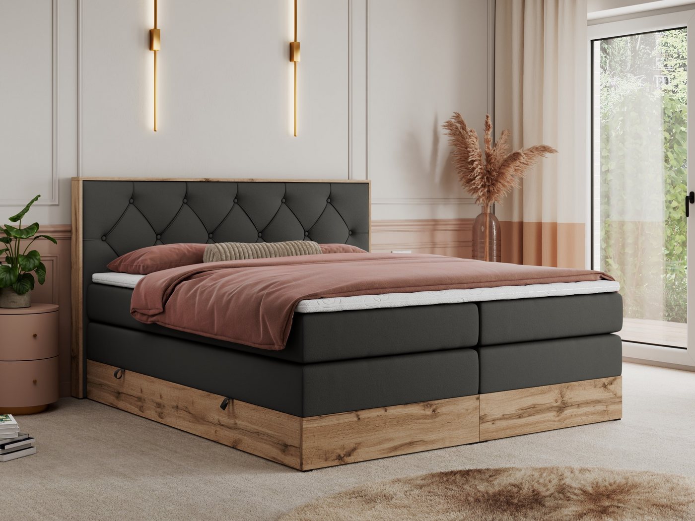 MKS MÖBEL Boxspringbett VENETO KING (Doppelbett, Multipocket-Matratzen, Topper T-25, T30-Schaum), zwei Bettkästen und Rahmen in Eichen-Optik, Schlafzimmer, Polsterbett von MKS MÖBEL