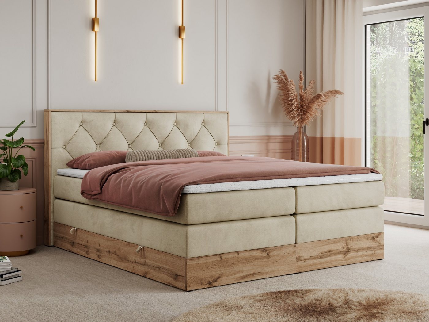 MKS MÖBEL Boxspringbett VENETO KING (Doppelbett, Multipocket-Matratzen, Topper T-25, T30-Schaum), zwei Bettkästen und Rahmen in Eichen-Optik, Schlafzimmer, Polsterbett von MKS MÖBEL