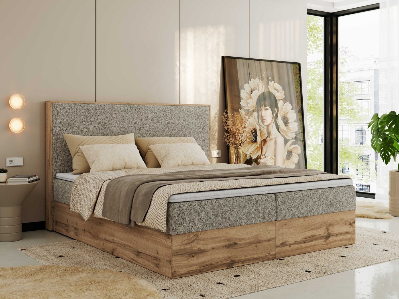 MKS MÖBEL Boxspringbett WOOD CLASSIC (Packung, Set, Topper T25, hohe Kopfteil, Multipocket-Matratze), Doppelbett, Stauraum, Möbelplattenelementen von MKS MÖBEL