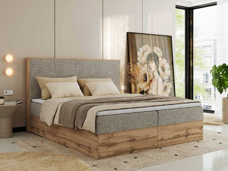 MKS MÖBEL Boxspringbett WOOD CLASSIC (Packung, Set, Topper T25, hohe Kopfteil, Multipocket-Matratze), Doppelbett, Stauraum, Möbelplattenelementen von MKS MÖBEL