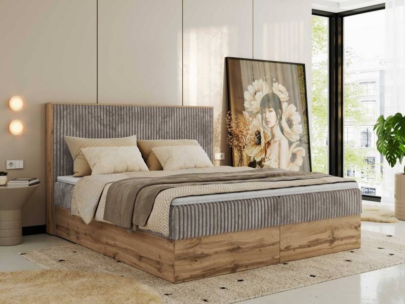MKS MÖBEL Boxspringbett WOOD CLASSIC (Packung, Set, Topper T25, hohe Kopfteil, Multipocket-Matratze), Doppelbett, Stauraum, Möbelplattenelementen von MKS MÖBEL