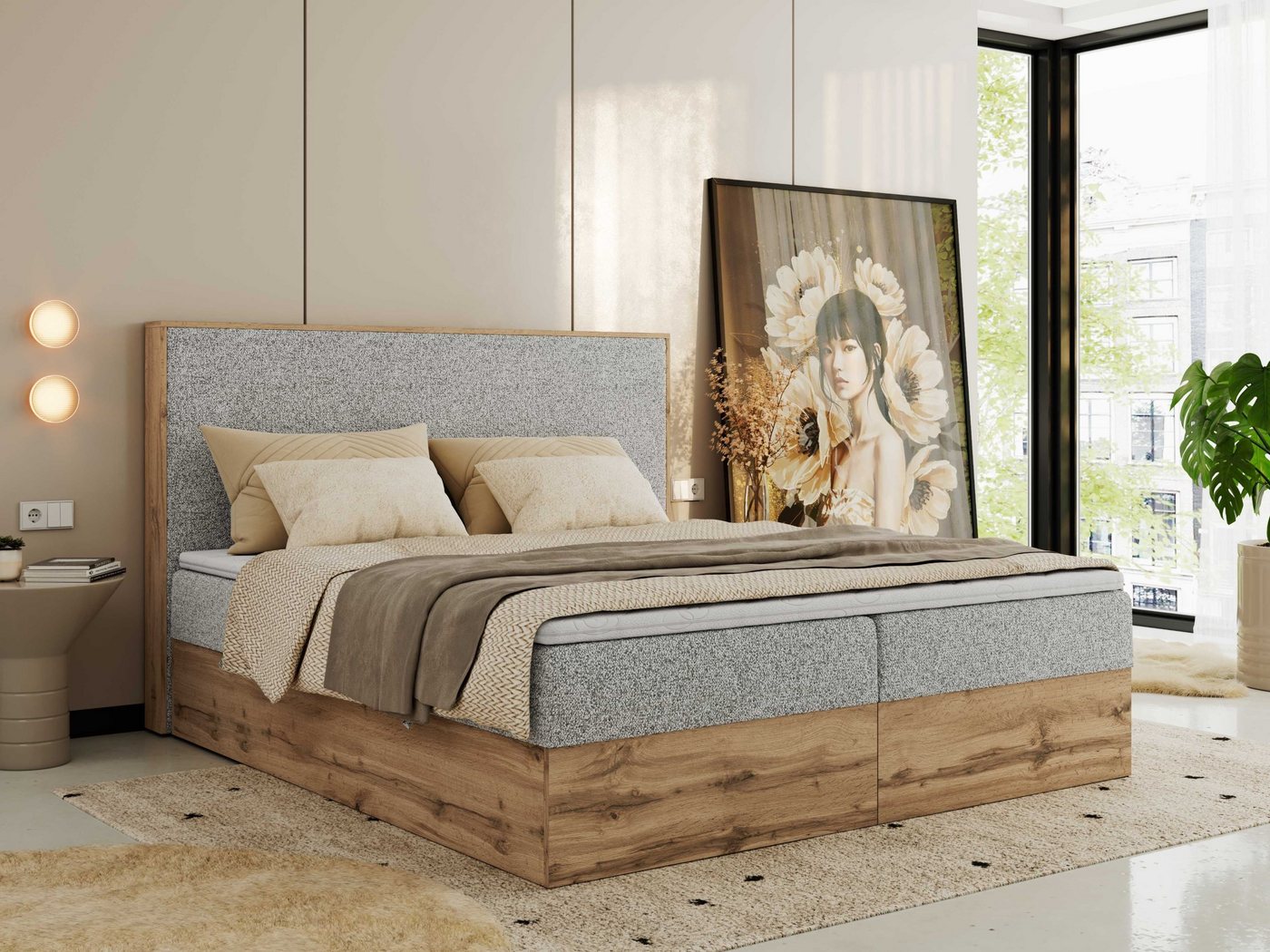 MKS MÖBEL Boxspringbett WOOD CLASSIC (Packung, Set, Topper T25, hohe Kopfteil, Multipocket-Matratze), Doppelbett, Stauraum, Möbelplattenelementen von MKS MÖBEL