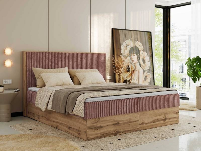 MKS MÖBEL Boxspringbett WOOD CLASSIC (Packung, Set, Topper T25, hohe Kopfteil, Multipocket-Matratze), Doppelbett, Stauraum, Möbelplattenelementen von MKS MÖBEL