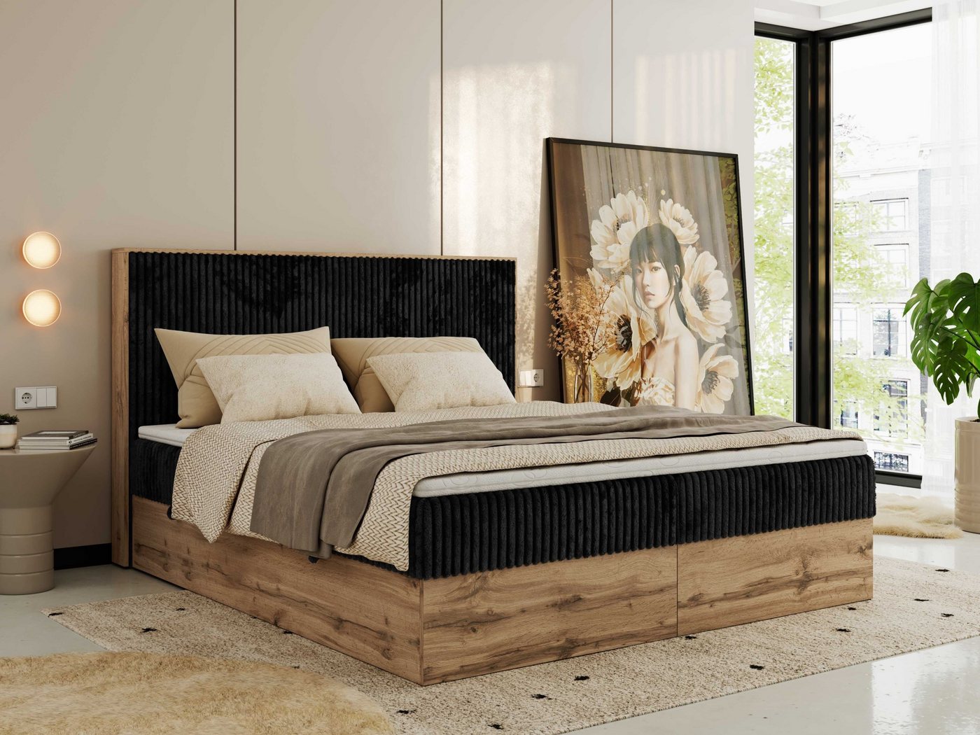 MKS MÖBEL Boxspringbett WOOD CLASSIC (Packung, Set, Topper T25, hohe Kopfteil, Multipocket-Matratze), Doppelbett, Stauraum, Möbelplattenelementen von MKS MÖBEL