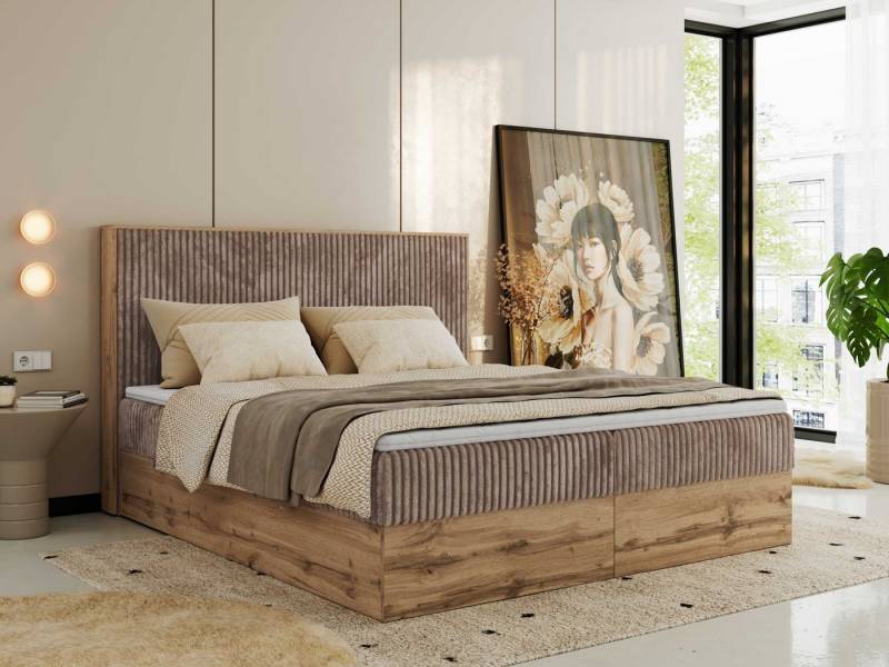MKS MÖBEL Boxspringbett WOOD CLASSIC (Packung, Set, Topper T25, hohe Kopfteil, Multipocket-Matratze), Doppelbett, Stauraum, Möbelplattenelementen von MKS MÖBEL