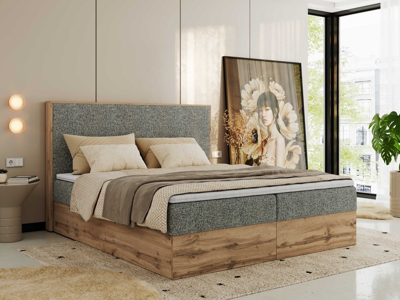 MKS MÖBEL Boxspringbett WOOD CLASSIC (Packung, Set, Topper T25, hohe Kopfteil, Multipocket-Matratze), Doppelbett, Stauraum, Möbelplattenelementen von MKS MÖBEL
