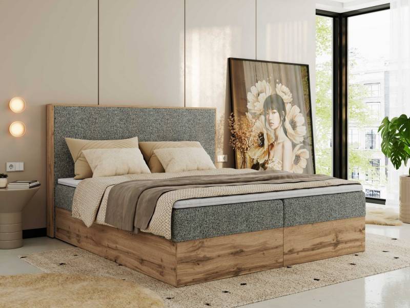 MKS MÖBEL Boxspringbett WOOD CLASSIC (Packung, Set, Topper T25, hohe Kopfteil, Multipocket-Matratze), Doppelbett, Stauraum, Möbelplattenelementen von MKS MÖBEL