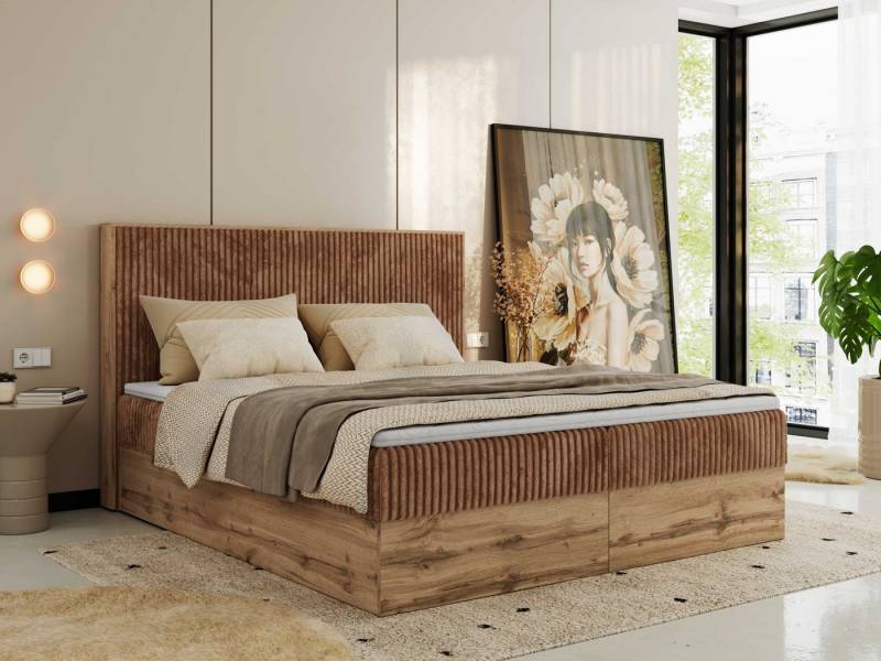 MKS MÖBEL Boxspringbett WOOD CLASSIC (Packung, Set, Topper T25, hohe Kopfteil, Multipocket-Matratze), Doppelbett, Stauraum, Möbelplattenelementen von MKS MÖBEL