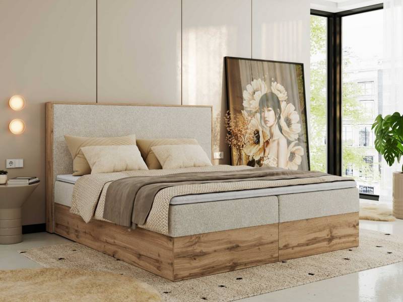 MKS MÖBEL Boxspringbett WOOD CLASSIC (Packung, Set, Topper T25, hohe Kopfteil, Multipocket-Matratze), Doppelbett, Stauraum, Möbelplattenelementen von MKS MÖBEL