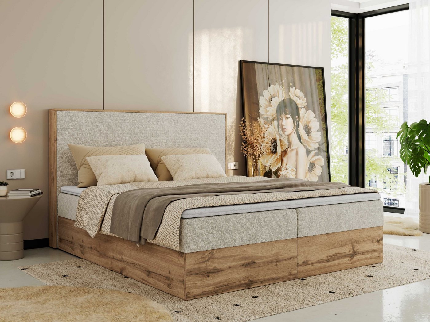 MKS MÖBEL Boxspringbett WOOD CLASSIC (Packung, Set, Topper T25, hohe Kopfteil, Multipocket-Matratze), Doppelbett, Stauraum, Möbelplattenelementen von MKS MÖBEL