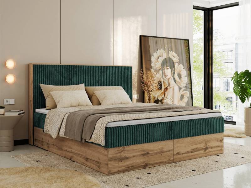 MKS MÖBEL Boxspringbett WOOD CLASSIC (Packung, Set, Topper T25, hohe Kopfteil, Multipocket-Matratze), Doppelbett, Stauraum, Möbelplattenelementen von MKS MÖBEL