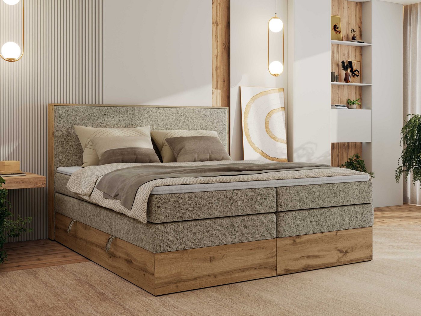MKS MÖBEL Boxspringbett WOOD CLASSIC KING (Packung, Set, Topper T25, hohe Kopfteil, Multipocket-Matratze), Polsterbett, zwei Bettkästen, Möbelplattenelementen von MKS MÖBEL
