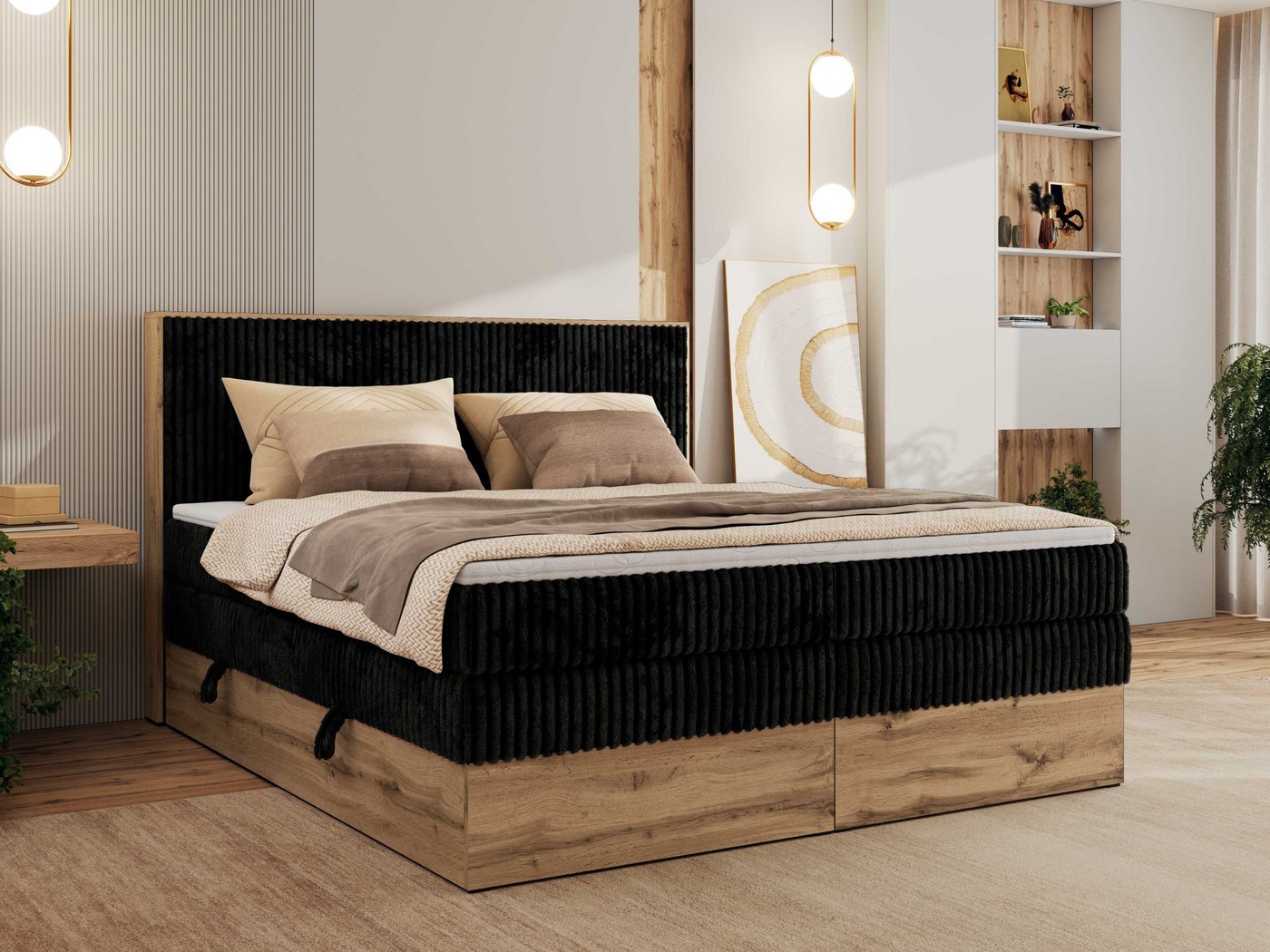 MKS MÖBEL Boxspringbett WOOD CLASSIC KING (Packung, Set, Topper T25, hohe Kopfteil, Multipocket-Matratze), Polsterbett, zwei Bettkästen, Möbelplattenelementen von MKS MÖBEL