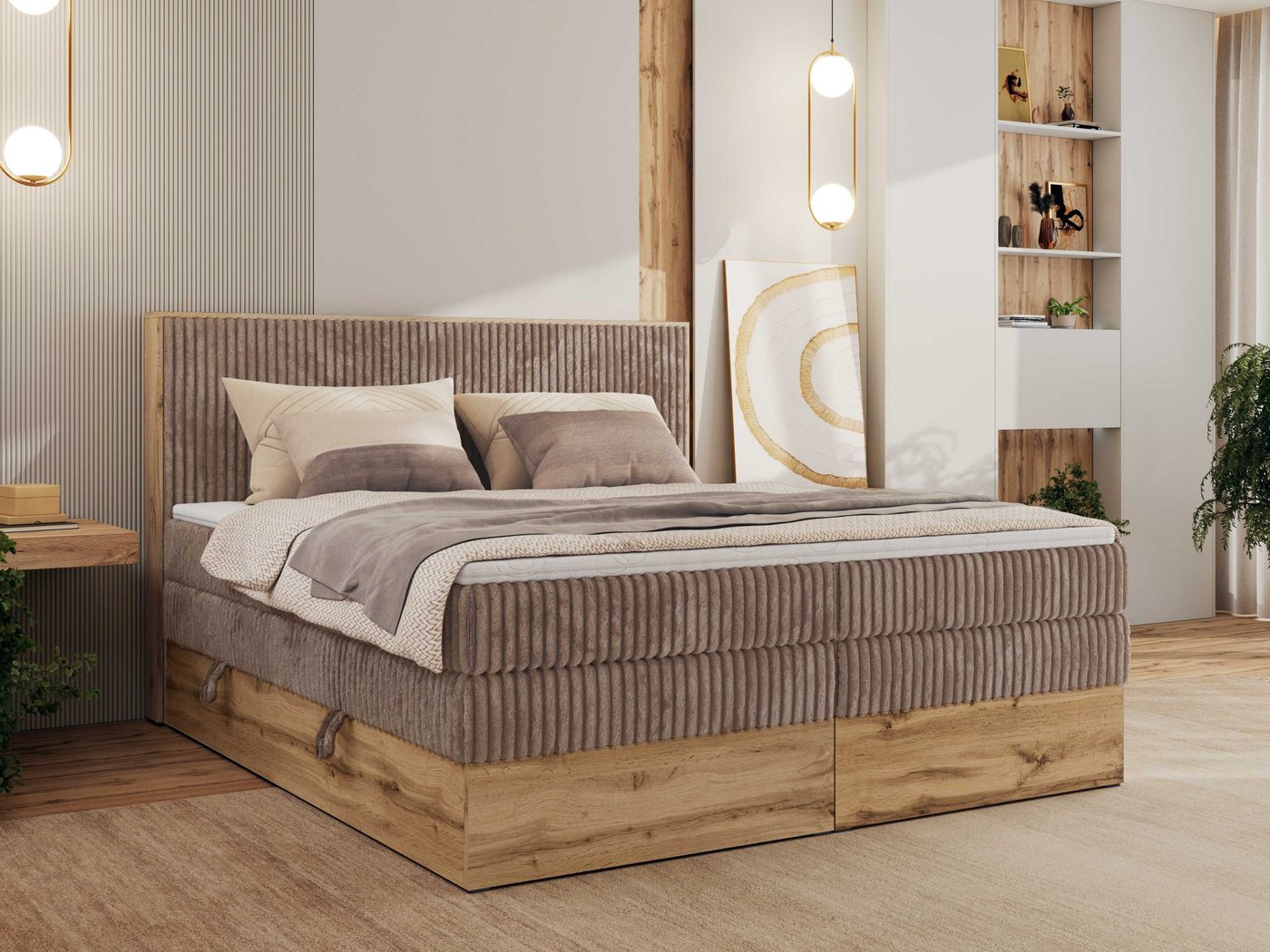 MKS MÖBEL Boxspringbett WOOD CLASSIC KING (Packung, Set, Topper T25, hohe Kopfteil, Multipocket-Matratze), Polsterbett, zwei Bettkästen, Möbelplattenelementen von MKS MÖBEL