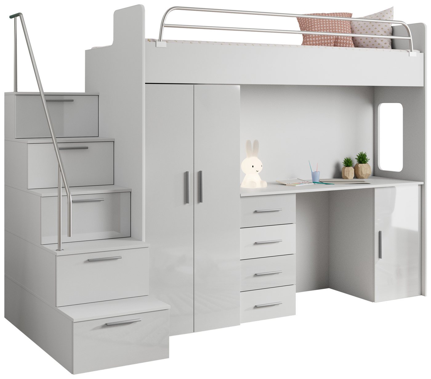 MKS MÖBEL Jugendbett EDEN 4S (Bett, Schreibtisch, Kleiderschrank, Treppe mit Schließfächern), Jugendmöbelset mit Etagenbett, Schrank und Schreibtisch von MKS MÖBEL