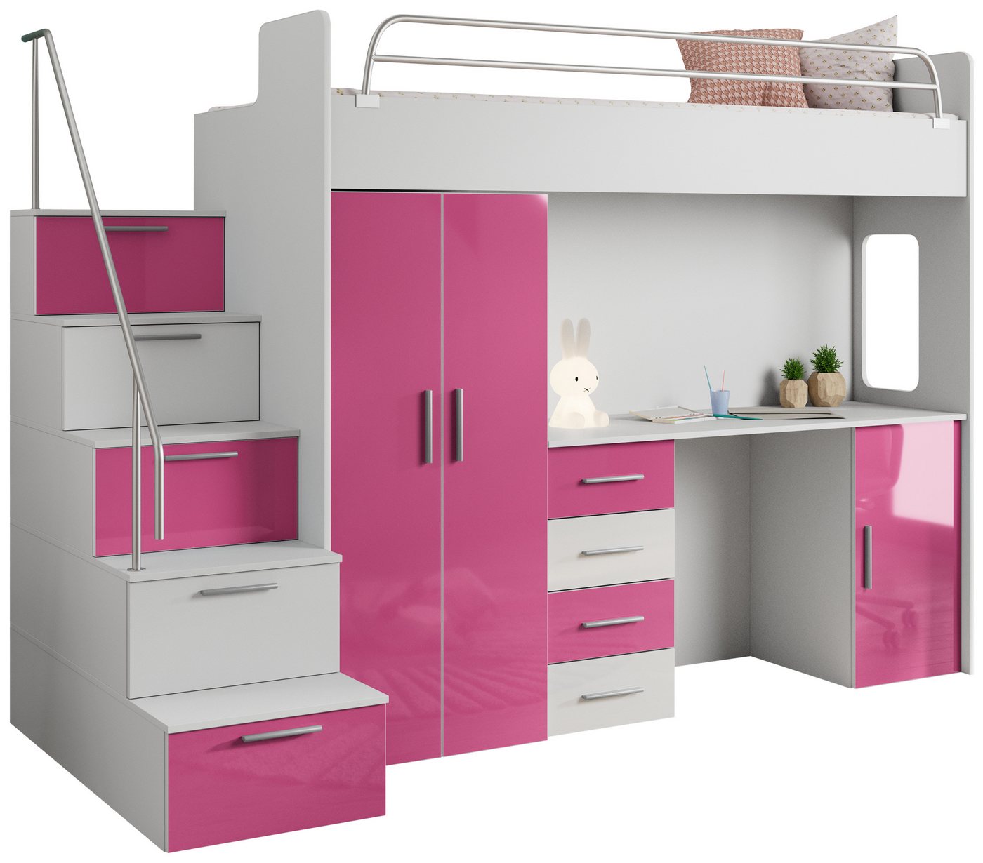 MKS MÖBEL Jugendbett EDEN 4S (Bett, Schreibtisch, Kleiderschrank, Treppe mit Schließfächern), Jugendmöbelset mit Etagenbett, Schrank und Schreibtisch von MKS MÖBEL