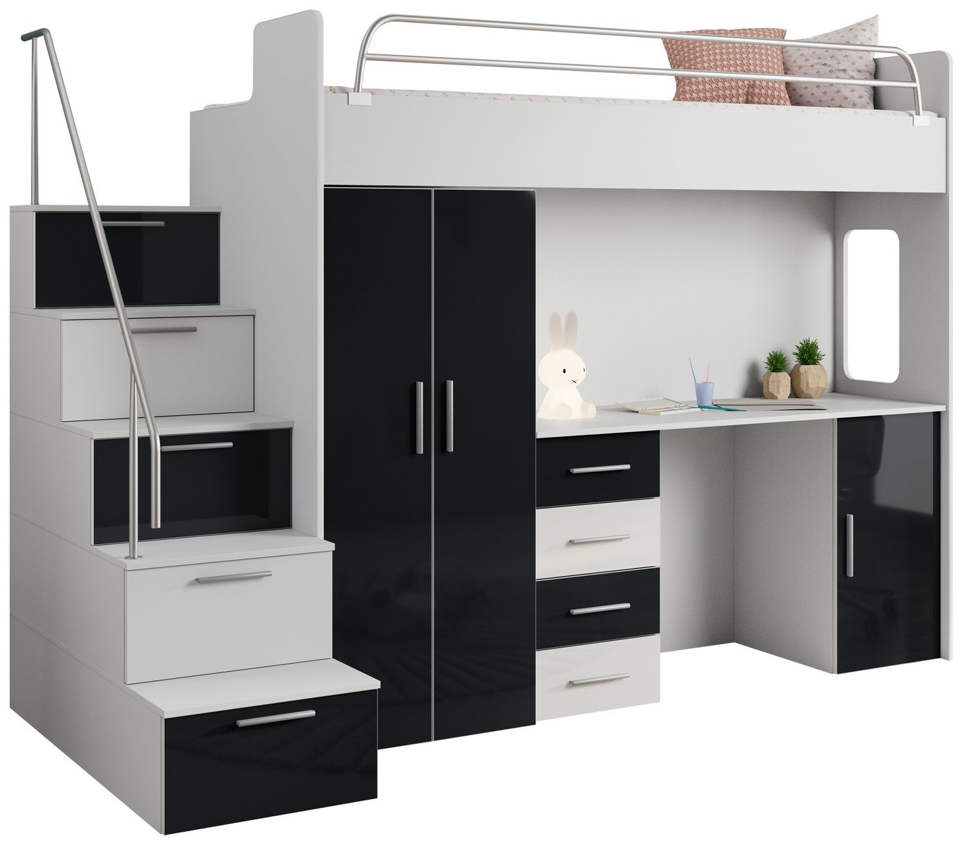 MKS MÖBEL Jugendbett EDEN 4S (Bett, Schreibtisch, Kleiderschrank, Treppe mit Schließfächern), Jugendmöbelset mit Etagenbett, Schrank und Schreibtisch von MKS MÖBEL