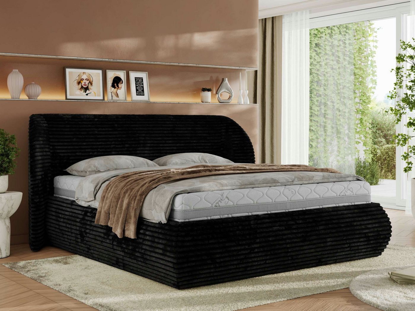 MKS MÖBEL Polsterbett CAELA Classic (Bett, Doppelbett mit Bettkasten & Lattenrost, ohne/mit Matratze), Gasdruck-Mechanismus, gepolstertes Kopfteil 110 cm, Größen 140–200 cm von MKS MÖBEL