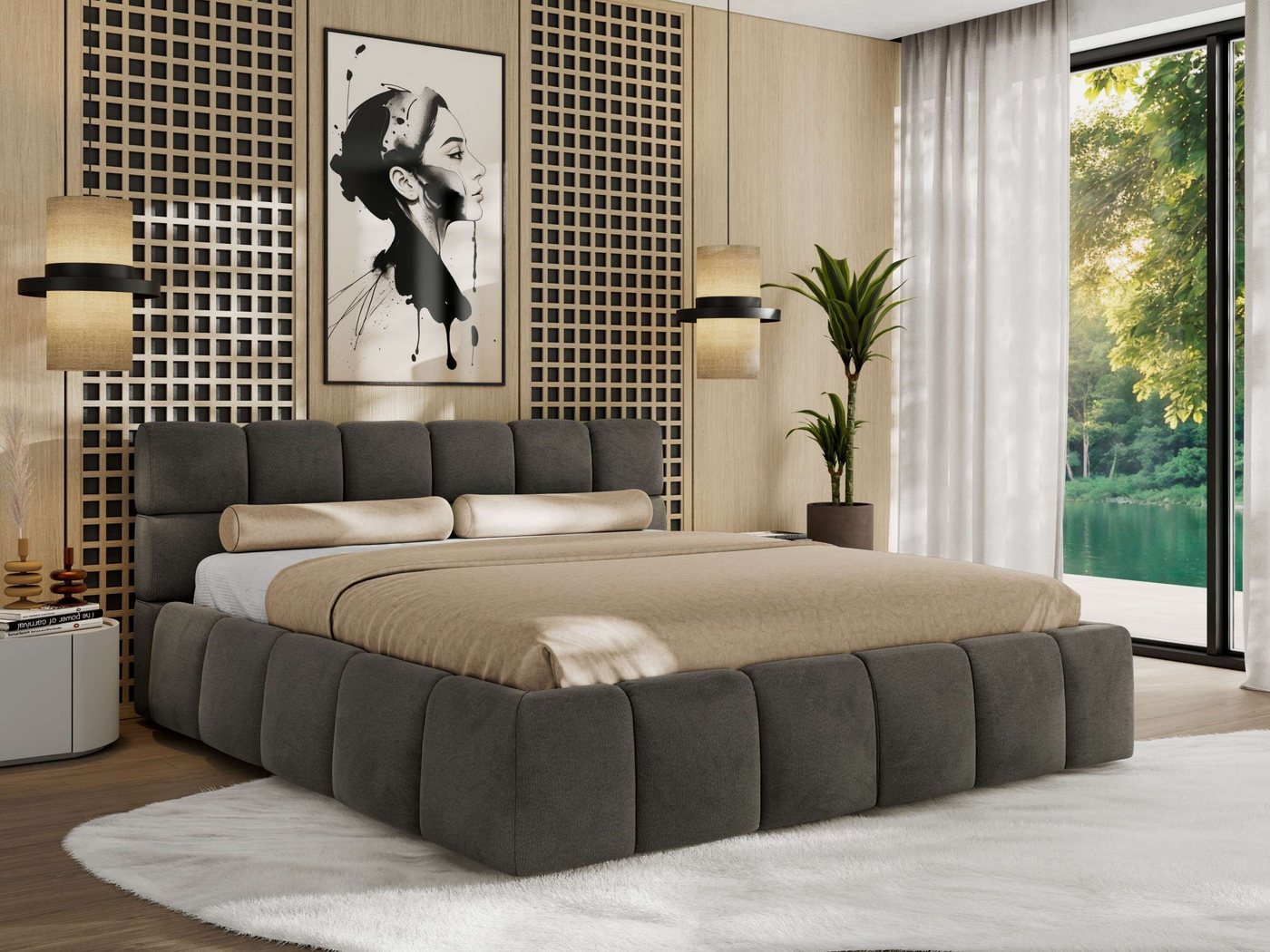 MKS MÖBEL Polsterbett NIRA Classic (Designerbett mit Bettkasten, skulpturale Polster), Lattenrost integriert, 140–200x200 cm von MKS MÖBEL