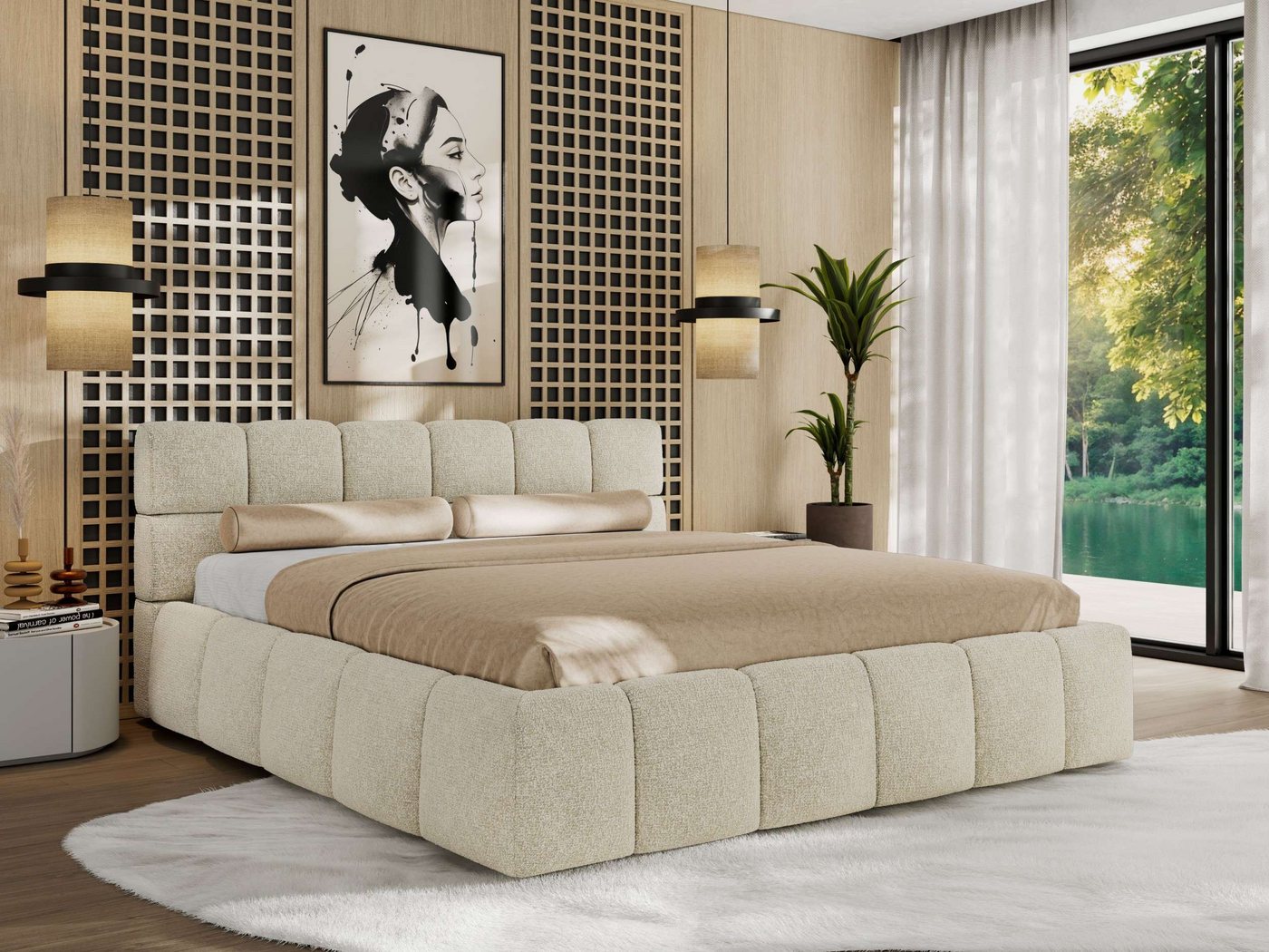 MKS MÖBEL Polsterbett NIRA Classic (Designerbett mit Bettkasten, skulpturale Polster), Lattenrost integriert, 140–200x200 cm von MKS MÖBEL