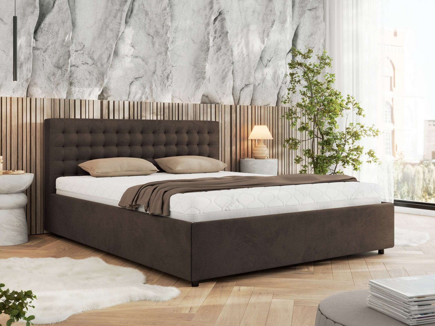 MKS MÖBEL Polsterbett PAVO Classic (Bett, mit Bettkasten – Doppelbett, Lattenrost integriert), gesteppte Kopfteil, 140–200x200 cm von MKS MÖBEL