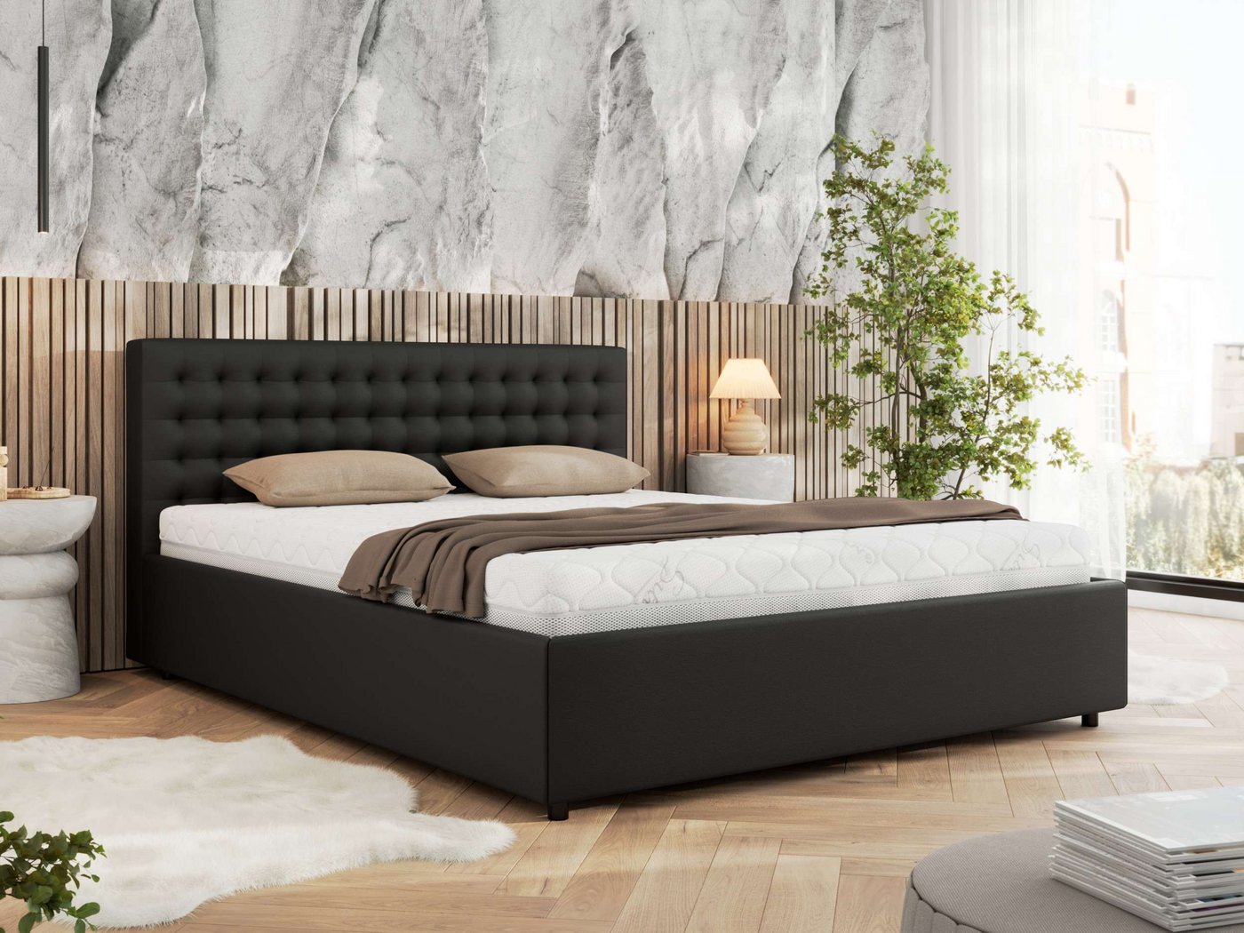 MKS MÖBEL Polsterbett PAVO Classic (Bett, mit Bettkasten – Doppelbett, Lattenrost integriert), gesteppte Kopfteil, 140–200x200 cm von MKS MÖBEL