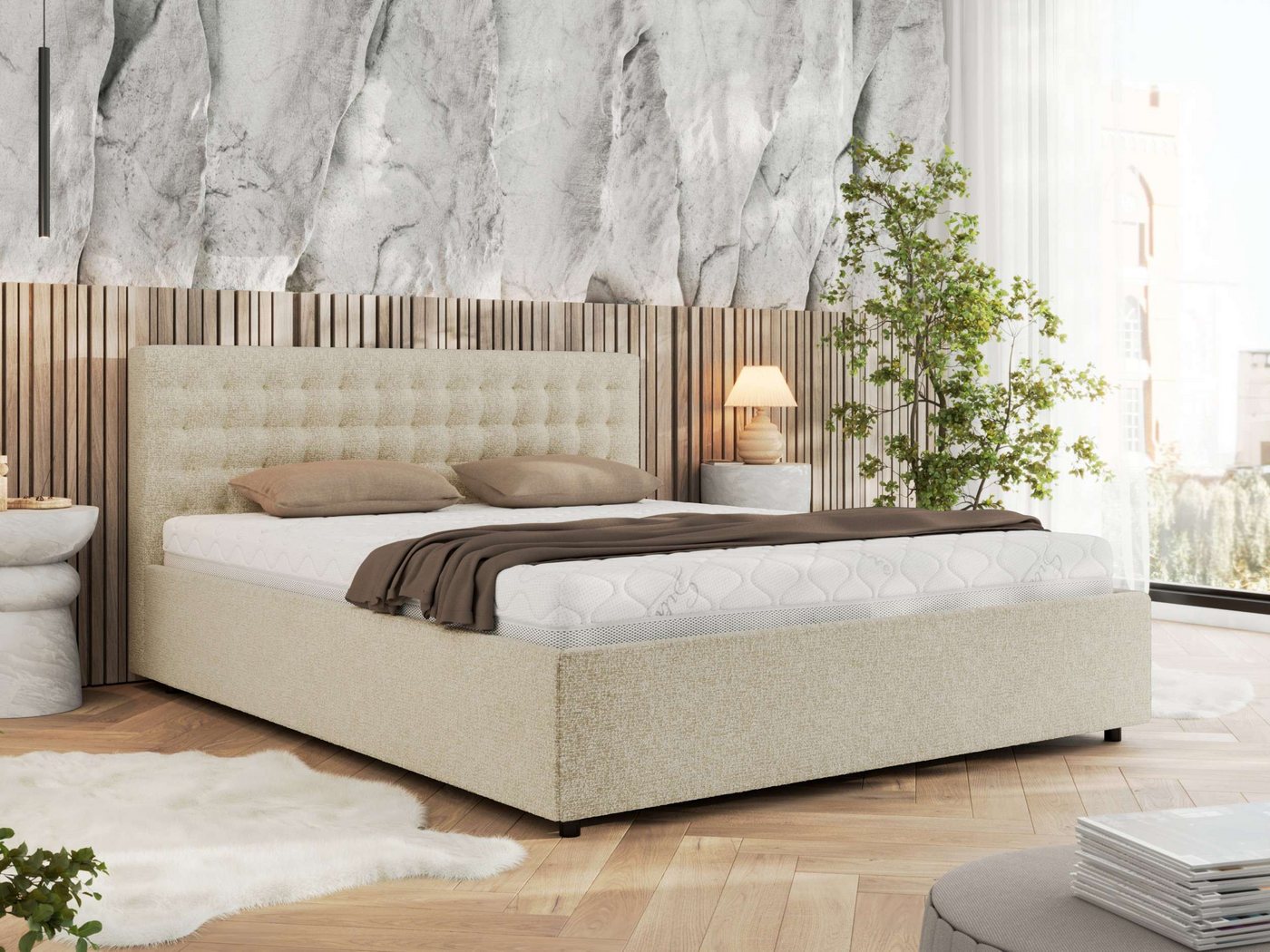 MKS MÖBEL Polsterbett PAVO Classic (Bett, mit Bettkasten – Doppelbett, Lattenrost integriert), gesteppte Kopfteil, 140–200x200 cm von MKS MÖBEL