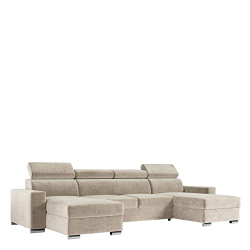MKS MEBLE Sofa U Form Mit Schlaffunktion - Wohnlandschaft XXL, Couch Mit Bettkasten - Fox U Creme Monolith von MKS MEBLE