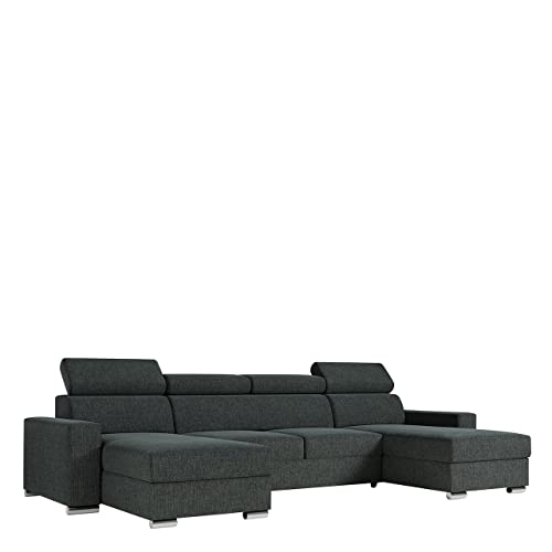 MKS MEBLE Ecksofa Wohnzimmer - Wohnlandschaft - U-Form Couch mit Schlaffunktion - Bettsofa - Wohnzimmer U Couch - Polstersofa mit Bettkasten - Fox U Dunkelgrau von MKS MEBLE