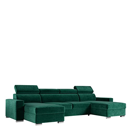 MKS MEBLE Sofa U Form, Wohnlandschaft U Form mit Schlaffunktion, Sofa mit Schlaffunktion, Sofa XXL, Couch mit Schlaffunktion, Polstersofa mit Bettkasten - Fox U Grün Monolith von MKS MEBLE