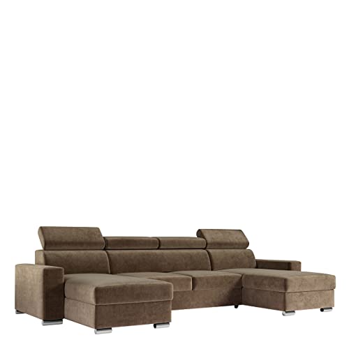 MKS MEBLE Ecksofa Wohnzimmer - Wohnlandschaft - U-Form Couch mit Schlaffunktion - Bettsofa - Wohnzimmer U Couch - Polstersofa mit Bettkasten - Fox U Hellbraun von MKS MEBLE