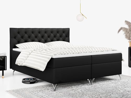 MKS MEBLE Boxspringbett, Doppelbett mit Multipocket-Matratze und Topper. Modernes Bett auf Metallbeinen - GRIMALDI - 180x200 - Schwarz Kunstleder - H4 von MKS MEBLE