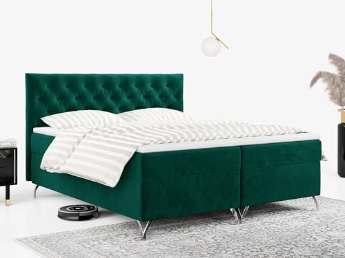 MKS MEBLE Boxspringbett, Doppelbett mit Multipocket-Matratze und Topper. Modernes Bett auf Metallbeinen - GRIMALDI - 200x200 - Dunkelgrün Velvet - H3 von MKS MEBLE