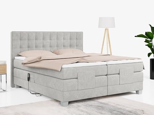 MKS MEBLE Boxspringbett 140x200 elektrisch verstellbar 7-Zonen Taschenfederkern Matratze inkl Visco Topper Bett 140x200 mit Motor Polsterbett Motorbett - Elektro - Hellgrau Struktur - H4 von MKS MEBLE