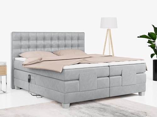 MKS MEBLE Boxspringbett 140x200 elektrisch verstellbar 7-Zonen Taschenfederkern Matratze inkl Visco Topper Bett 140x200 mit Motor Polsterbett Motorbett - Elektro - Hellgrau Velvet - H3 von MKS MEBLE