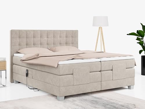 MKS MEBLE Boxspringbett 160x200 elektrisch verstellbar 7-Zonen Taschenfederkern Matratze inkl Visco Topper Bett 160x200 mit Motor Polsterbett Motorbett - Elektro - Beige Struktur - H3 von MKS MEBLE