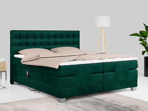 MKS MEBLE Boxspringbett 180x200 elektrisch verstellbar 7-Zonen Taschenfederkern Matratze inkl Visco Topper Bett 180x200 mit Motor Polsterbett Motorbett - Elektro - Dunkelgrün Velvet - H4 von MKS MEBLE